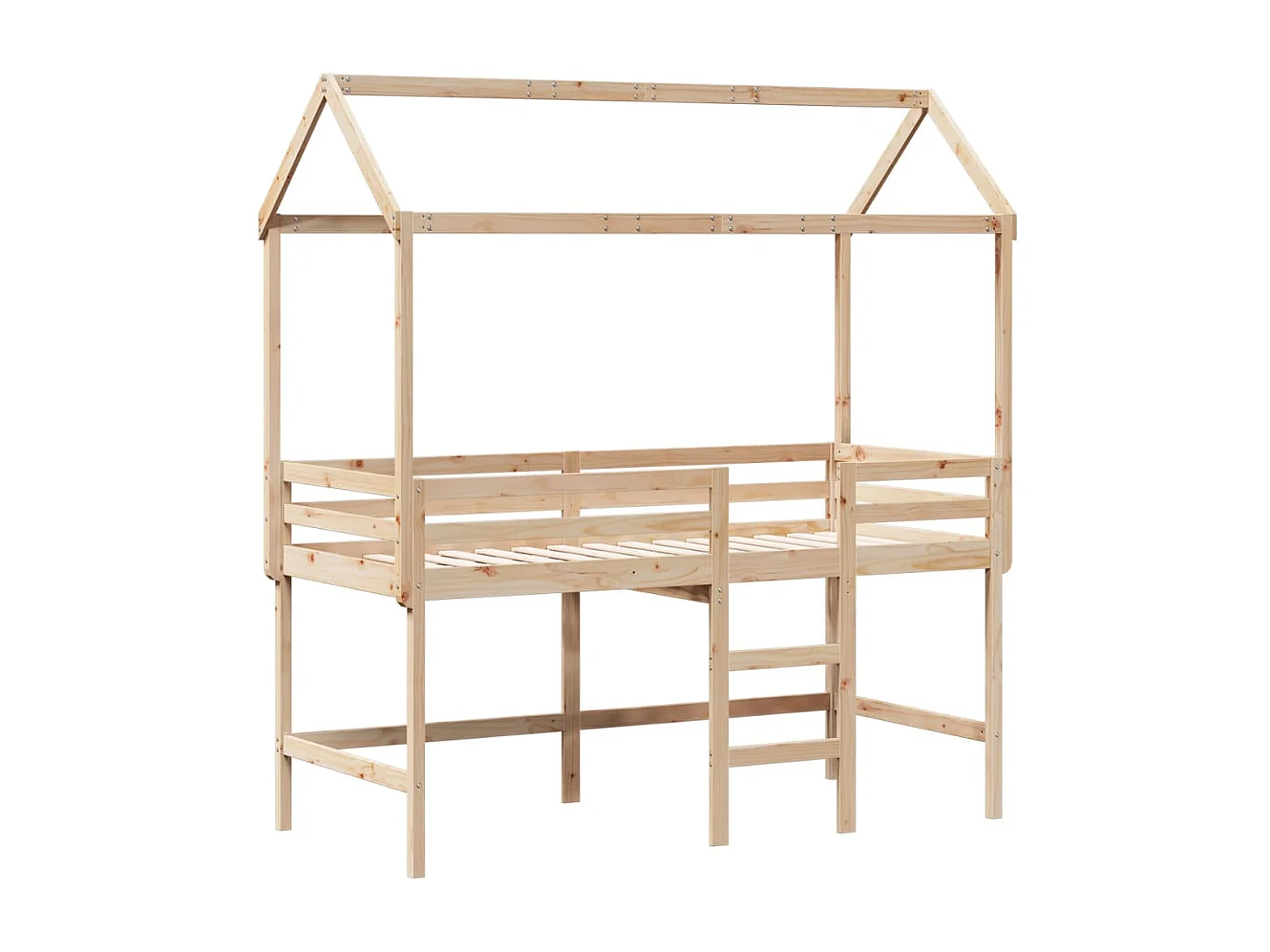 Einzelbett | Bettgestell | Hochbett mit Leiter und Dach 90x200 cm Massivholz Kiefer SHL852458