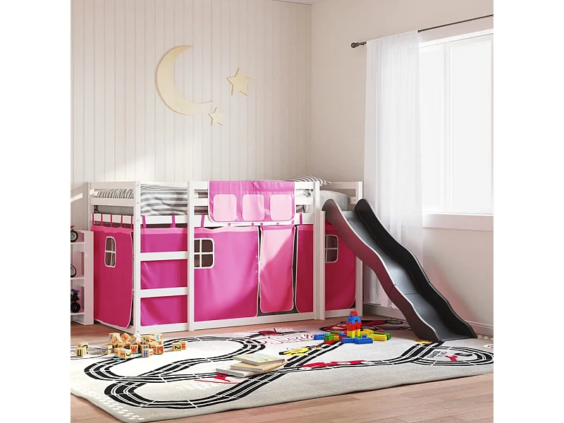 Lit simple-Lit superposé enfant sans matelas avec toboggan et rideaux 80x200 cm