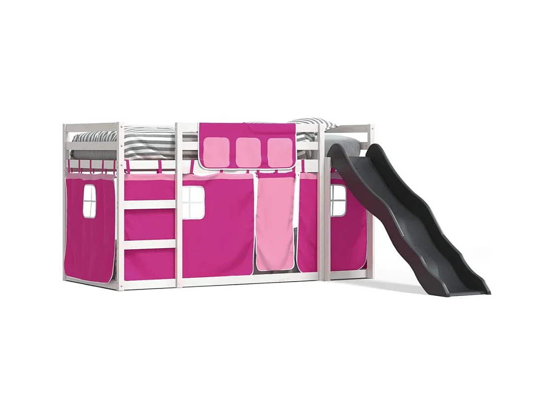 Lit simple-Lit superposé enfant sans matelas avec toboggan et rideaux 80x200 cm