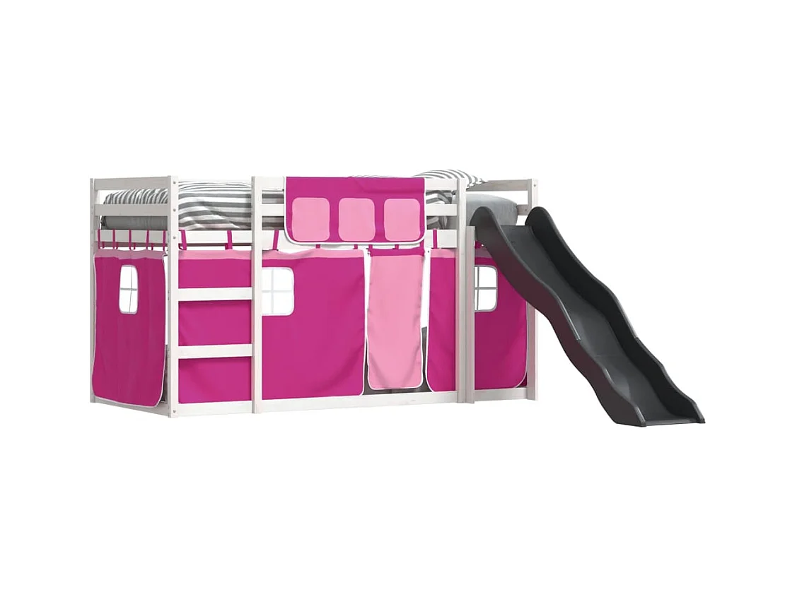 Lit simple-Lit superposé enfant sans matelas avec toboggan et rideaux 80x200 cm