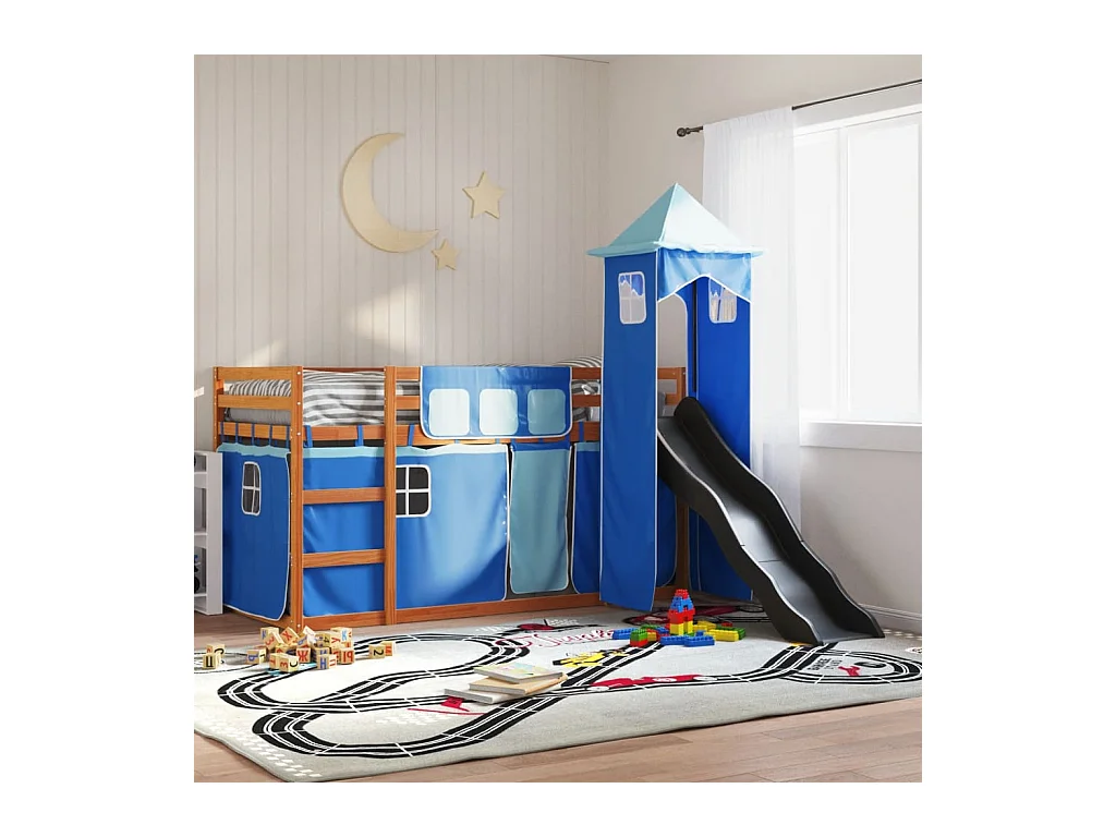Lit simlpe-Lit superposé enfant-Cadre de lit sans matelas avec toboggan et rideaux 90x200 cm
