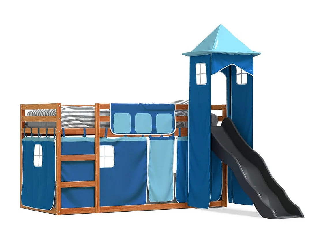 Kinderbett-Etagenbett-Bettgestell mit Rutsche und Gardinen Blau 90x200 cm SHL448411