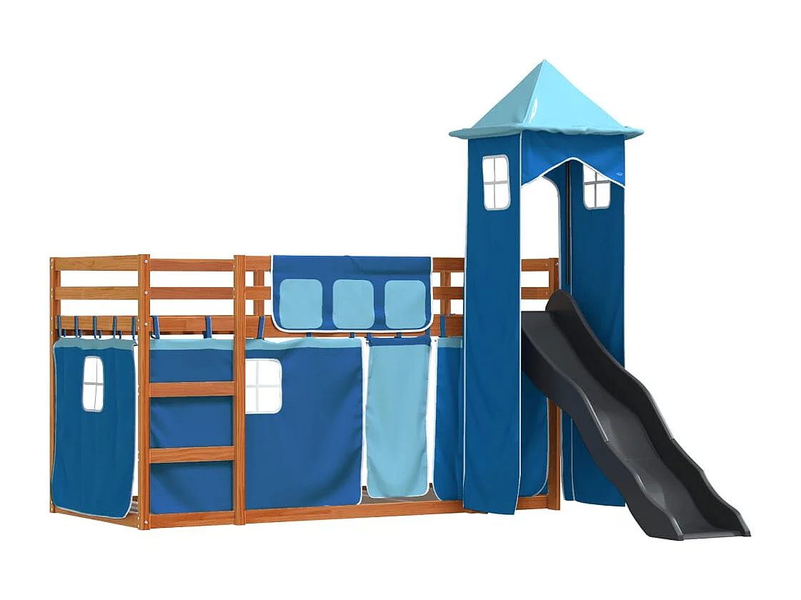 Kinderbett-Etagenbett-Bettgestell mit Rutsche und Gardinen Blau 90x200 cm SHL448411