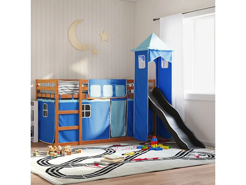 Kinderbett-Etagenbett-Bettgestell mit Rutsche und Gardinen Blau 90x200 cm SHL448411