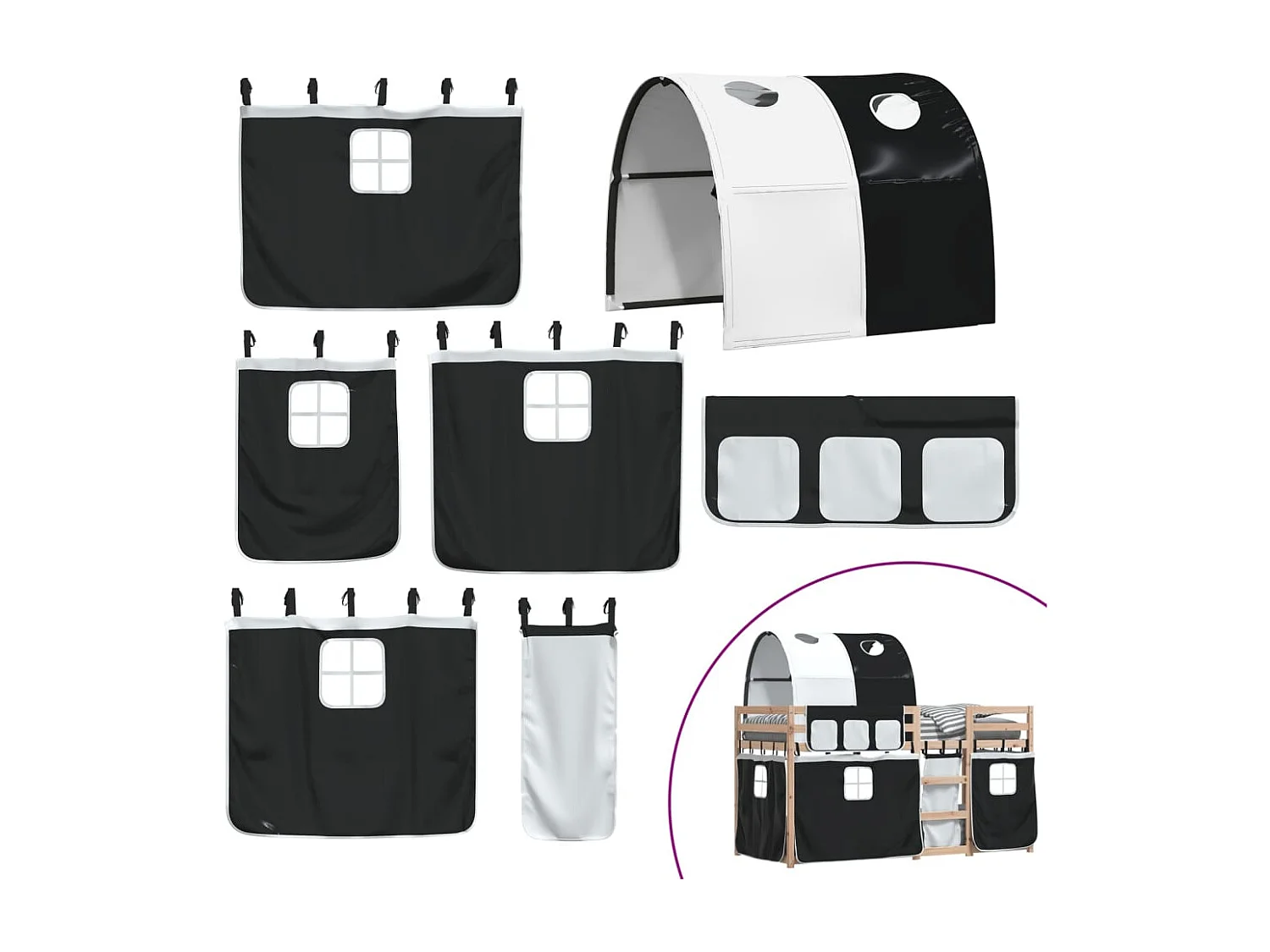 Bettgestell | Kinderbett | Etagenbett mit Vorhängen Weiß & Schwarz 90x190 cm Kiefernholz SHL492183