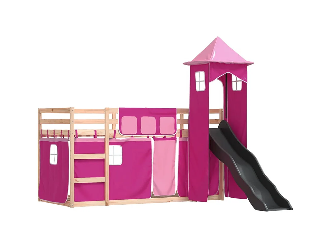 Lit simlpe-Lit superposé enfant-Cadre de lit sans matelas avec toboggan et rideaux 90x200 cm
