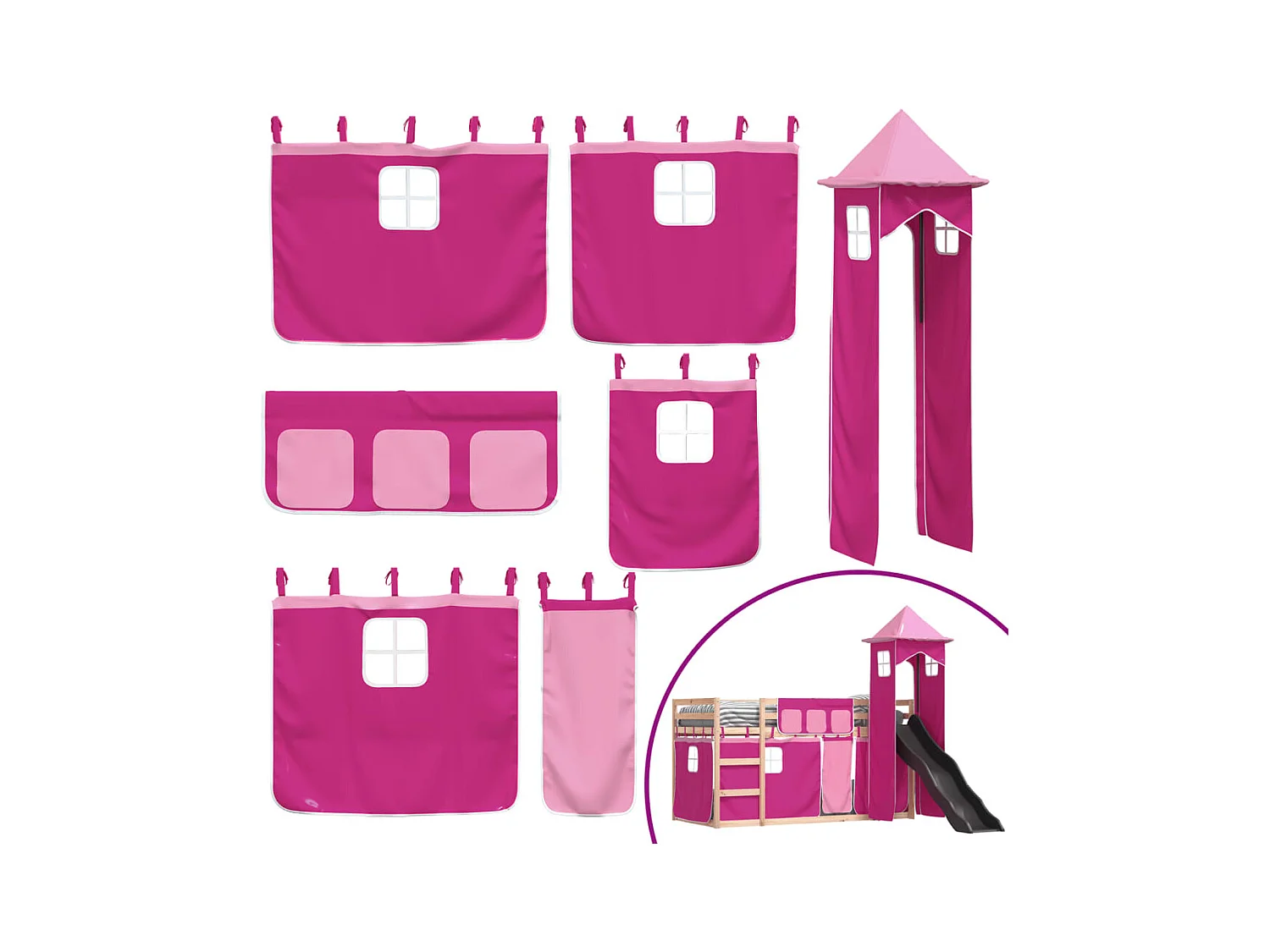 Lit simlpe-Lit superposé enfant-Cadre de lit sans matelas avec toboggan et rideaux 90x200 cm