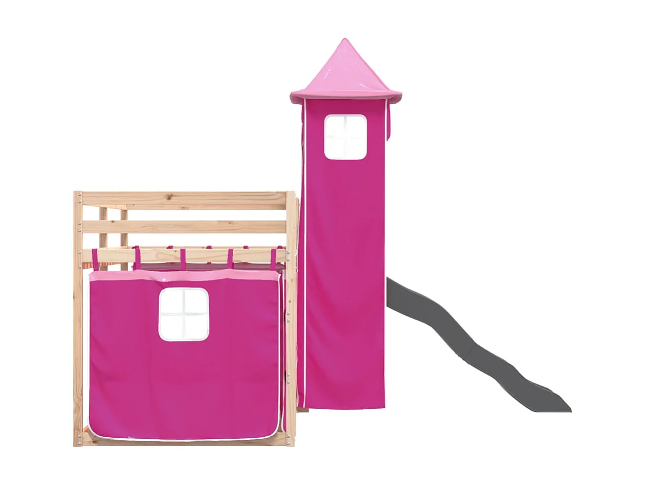 Lit simlpe-Lit superposé enfant-Cadre de lit sans matelas avec toboggan et rideaux 90x200 cm