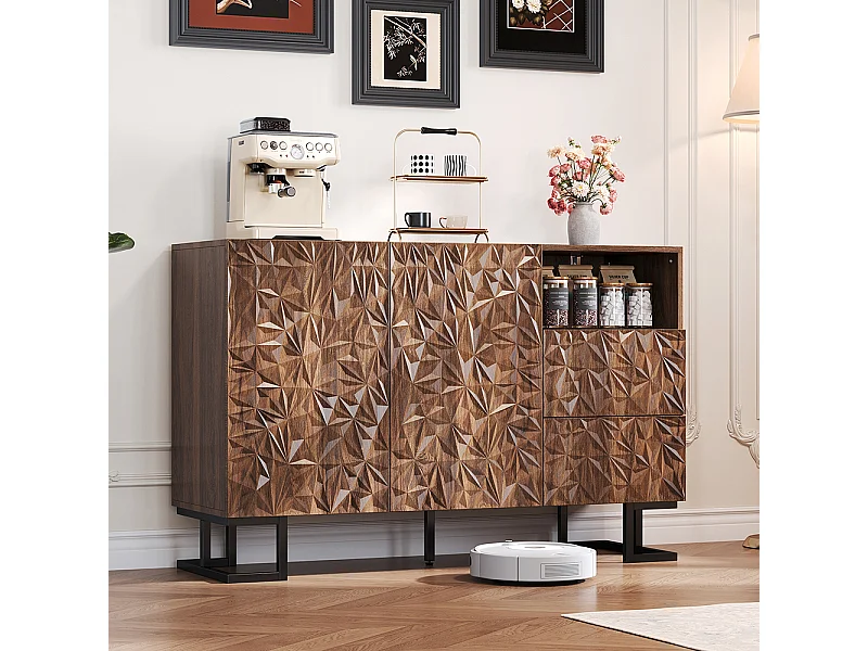 Buffet finition noyer foncé relief feuilles pieds métalliques 2 portes 2 tiroirs salle à manger salon couloir