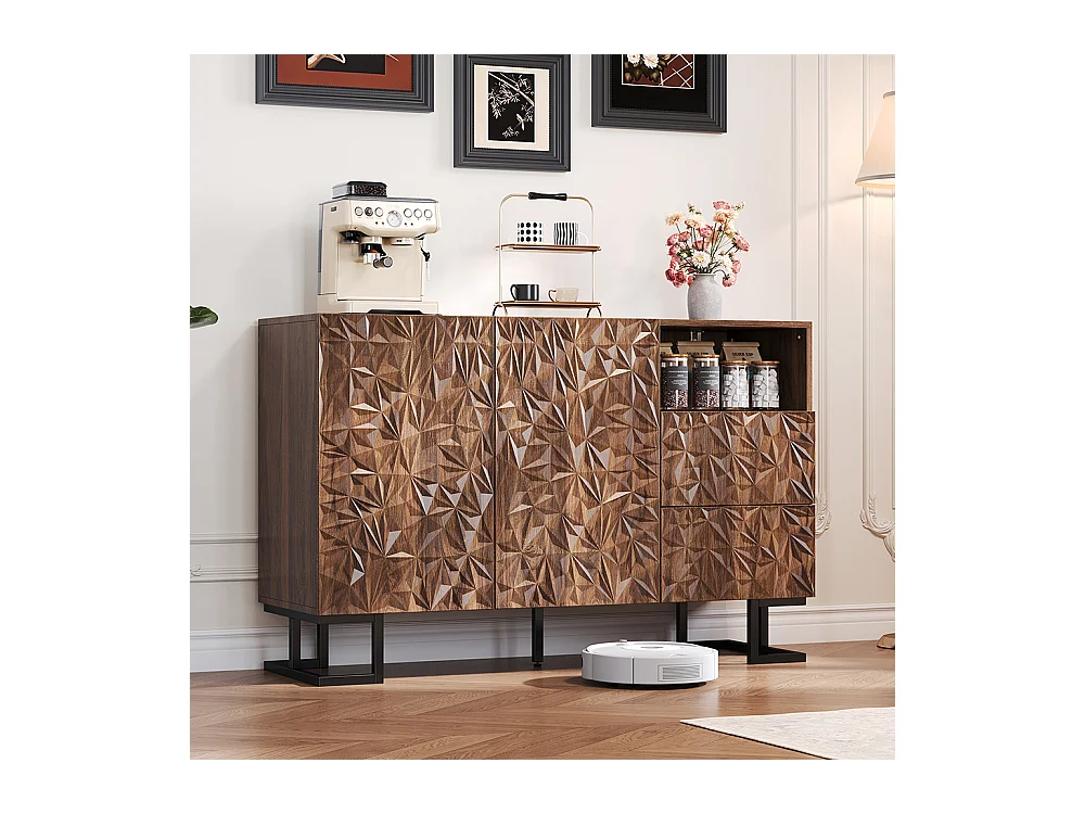 Buffet finition noyer foncé relief feuilles pieds métalliques 2 portes 2 tiroirs salle à manger salon couloir