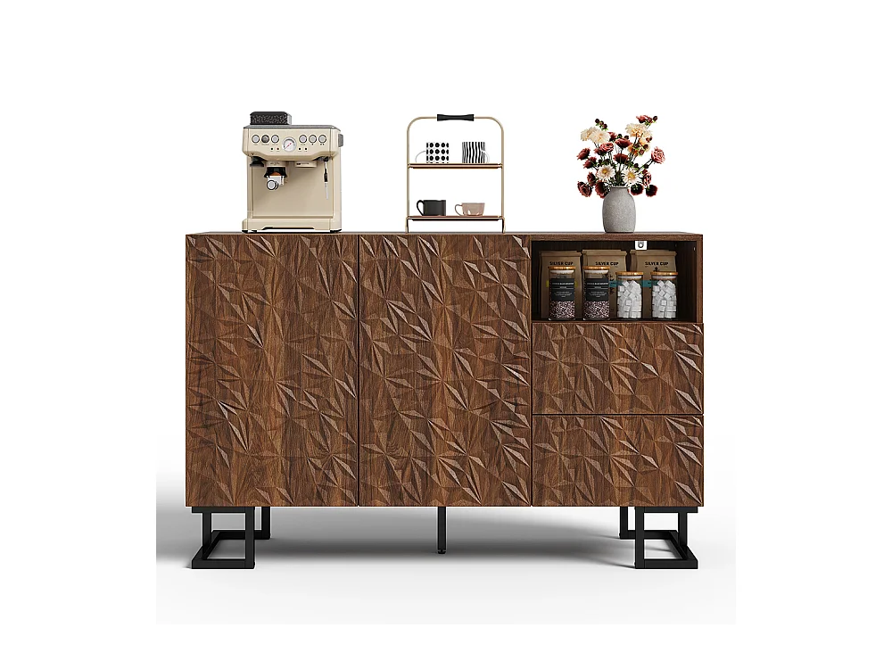 Buffet finition noyer foncé relief feuilles pieds métalliques 2 portes 2 tiroirs salle à manger salon couloir
