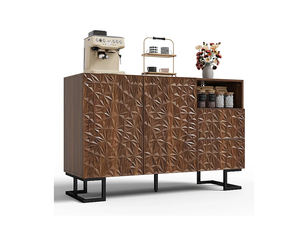 Buffet finition noyer foncé relief feuilles pieds métalliques 2 portes 2 tiroirs salle à manger salon couloir