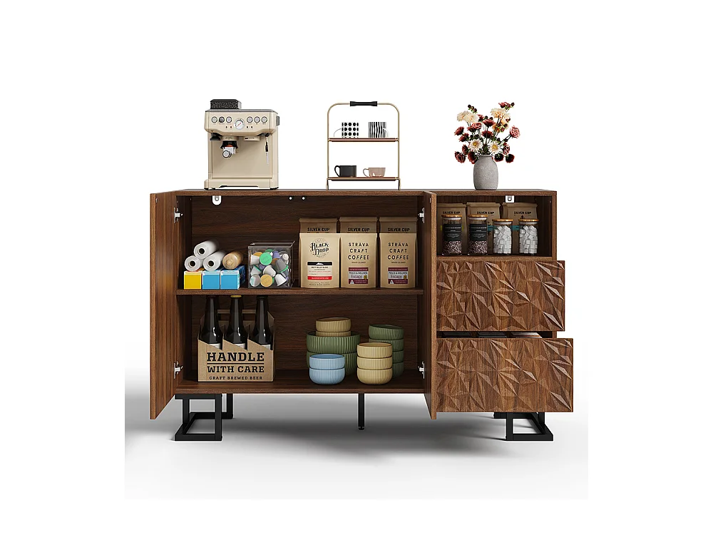 Buffet finition noyer foncé relief feuilles pieds métalliques 2 portes 2 tiroirs salle à manger salon couloir