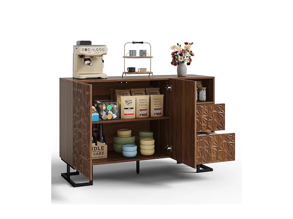 Buffet finition noyer foncé relief feuilles pieds métalliques 2 portes 2 tiroirs salle à manger salon couloir