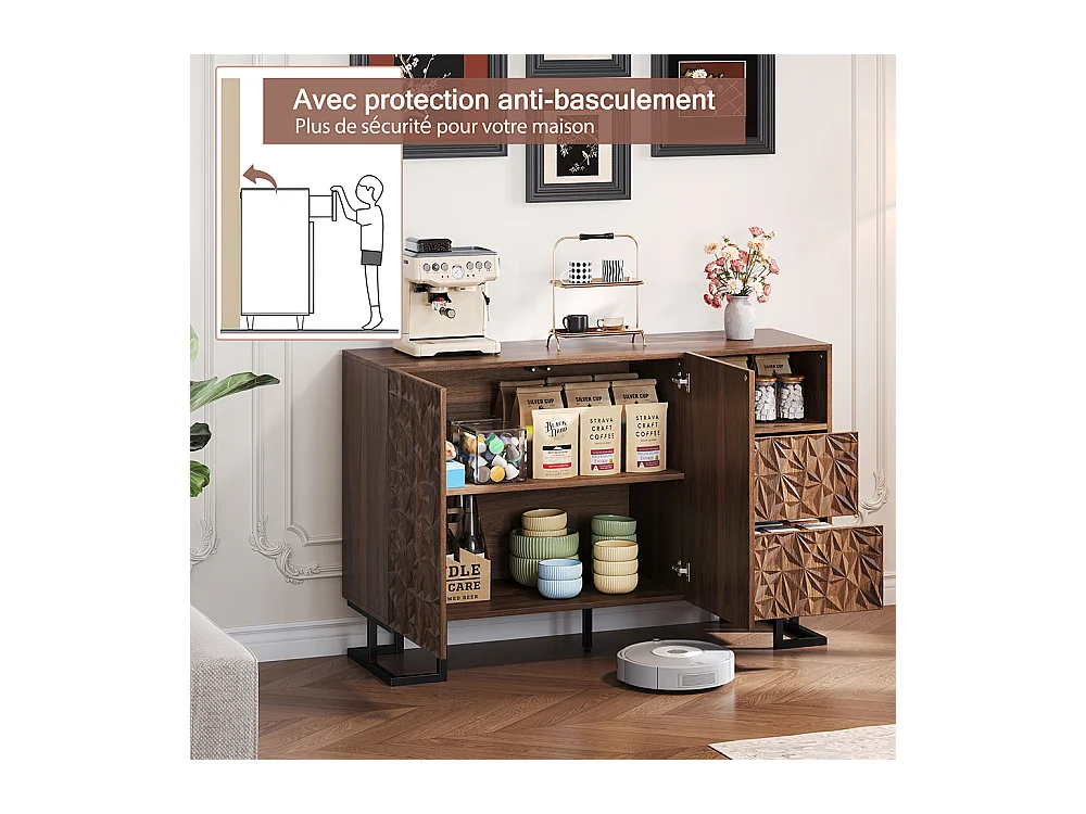 Buffet finition noyer foncé relief feuilles pieds métalliques 2 portes 2 tiroirs salle à manger salon couloir