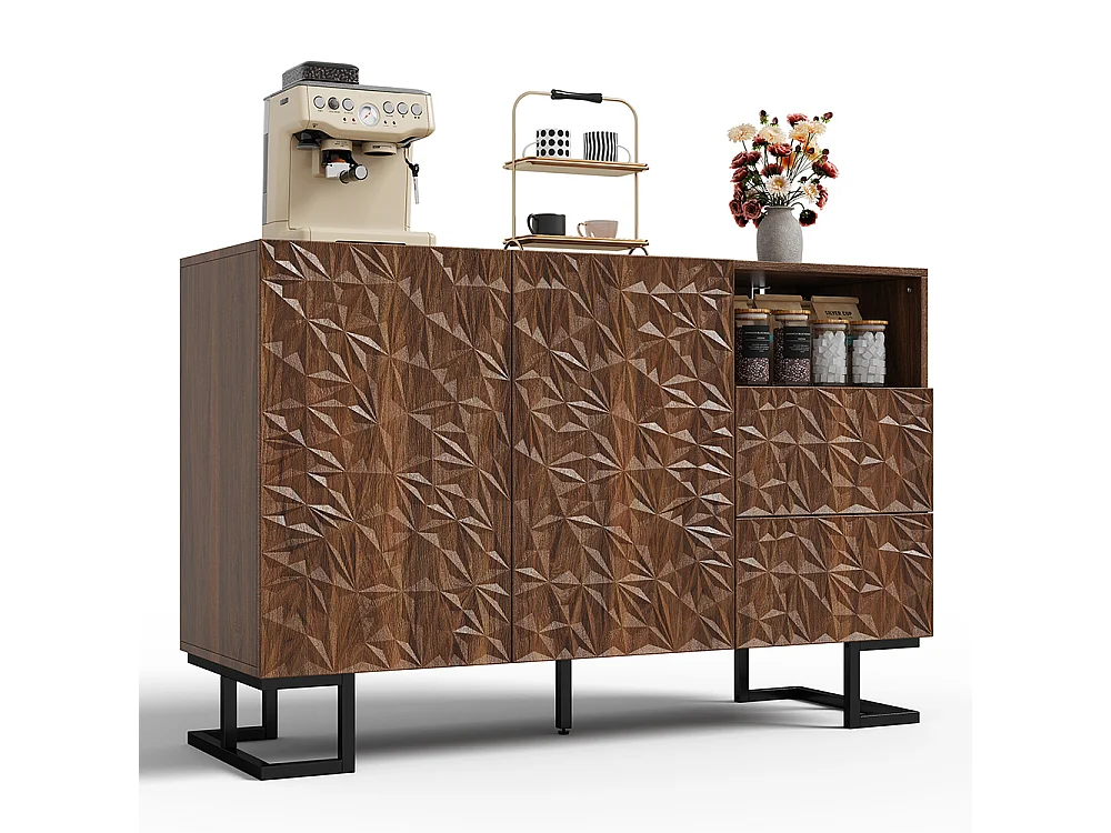 Buffet finition noyer foncé relief feuilles pieds métalliques 2 portes 2 tiroirs salle à manger salon couloir