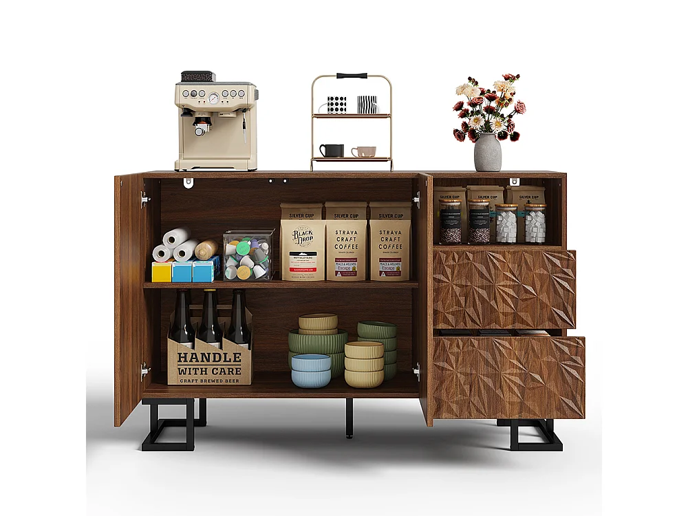 Buffet finition noyer foncé relief feuilles pieds métalliques 2 portes 2 tiroirs salle à manger salon couloir