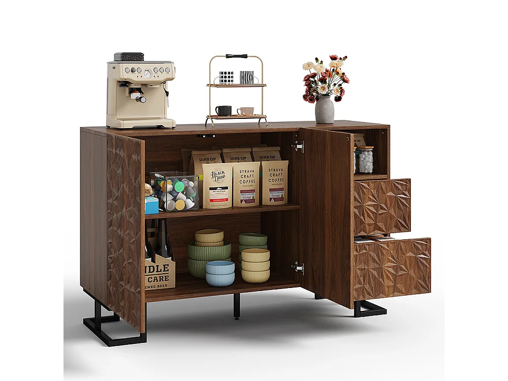 Buffet finition noyer foncé relief feuilles pieds métalliques 2 portes 2 tiroirs salle à manger salon couloir