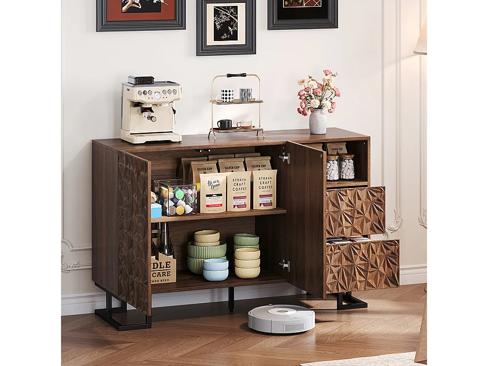 Buffet finition noyer foncé relief feuilles pieds métalliques 2 portes 2 tiroirs salle à manger salon couloir