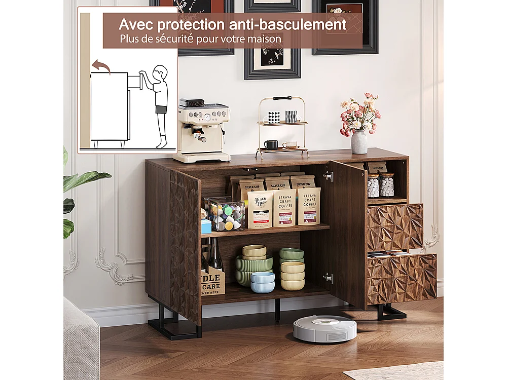 Buffet finition noyer foncé relief feuilles pieds métalliques 2 portes 2 tiroirs salle à manger salon couloir