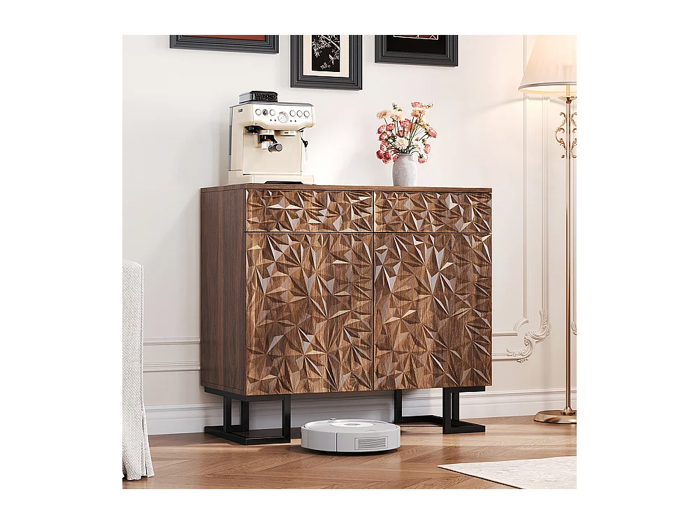 Buffet commode noyer foncé relief feuilles pieds métalliques 2 tiroirs 2 portes sans poignées salon salle à manger