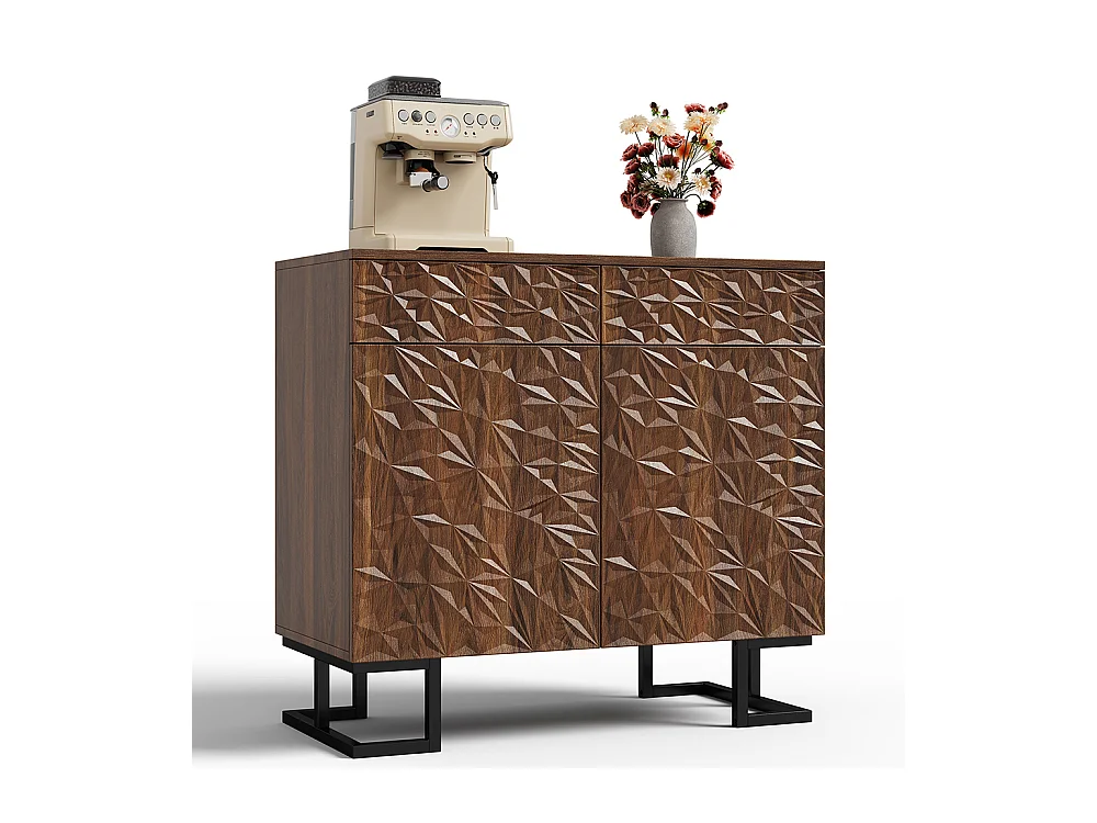 Buffet commode noyer foncé relief feuilles pieds métalliques 2 tiroirs 2 portes sans poignées salon salle à manger