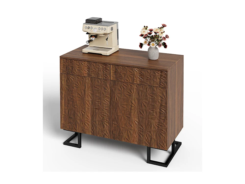 Buffet commode noyer foncé relief feuilles pieds métalliques 2 tiroirs 2 portes sans poignées salon salle à manger