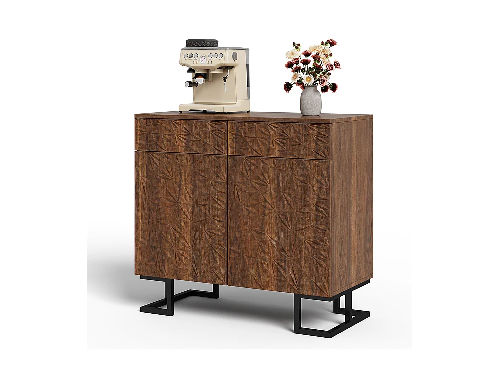 Buffet commode noyer foncé relief feuilles pieds métalliques 2 tiroirs 2 portes sans poignées salon salle à manger