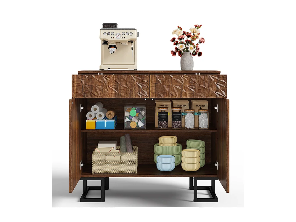 Buffet commode noyer foncé relief feuilles pieds métalliques 2 tiroirs 2 portes sans poignées salon salle à manger