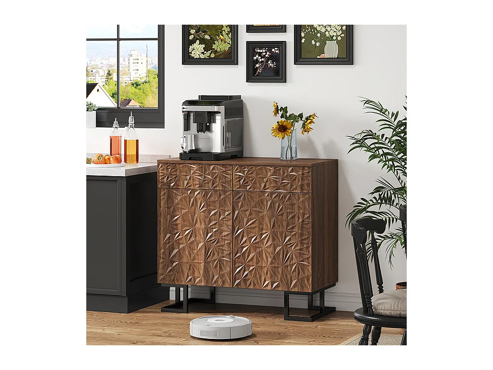 Buffet commode noyer foncé relief feuilles pieds métalliques 2 tiroirs 2 portes sans poignées salon salle à manger