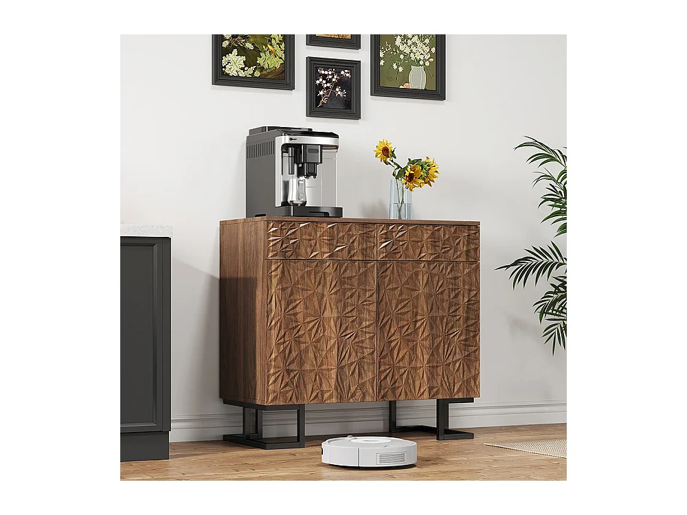 Buffet commode noyer foncé relief feuilles pieds métalliques 2 tiroirs 2 portes sans poignées salon salle à manger
