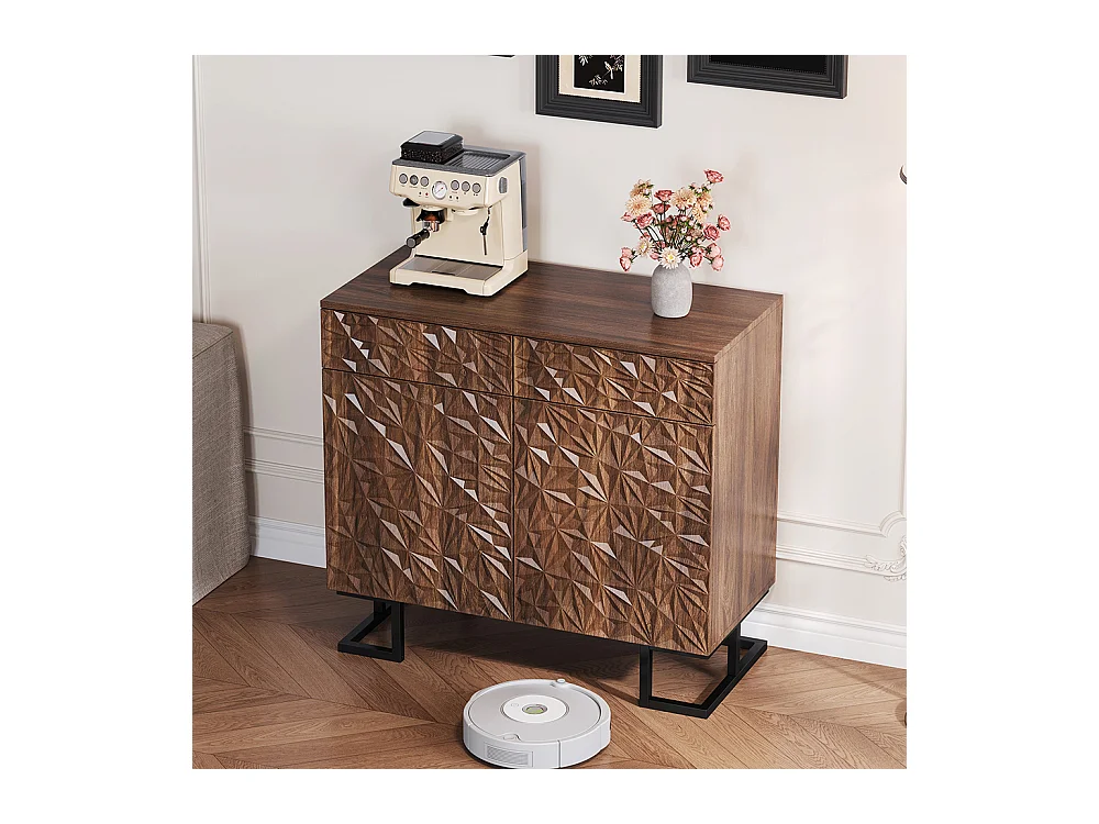 Buffet commode noyer foncé relief feuilles pieds métalliques 2 tiroirs 2 portes sans poignées salon salle à manger