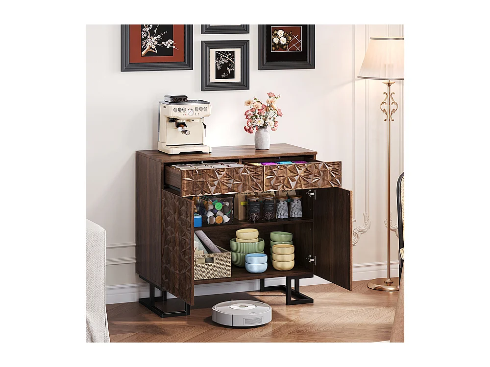 Buffet commode noyer foncé relief feuilles pieds métalliques 2 tiroirs 2 portes sans poignées salon salle à manger