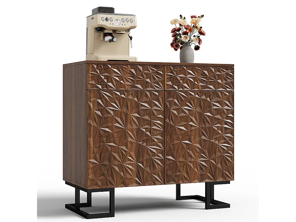 Buffet commode noyer foncé relief feuilles pieds métalliques 2 tiroirs 2 portes sans poignées salon salle à manger