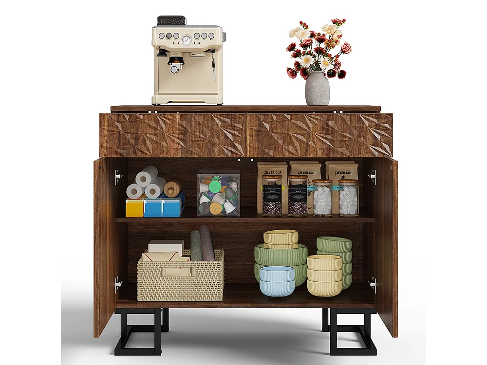 Buffet commode noyer foncé relief feuilles pieds métalliques 2 tiroirs 2 portes sans poignées salon salle à manger