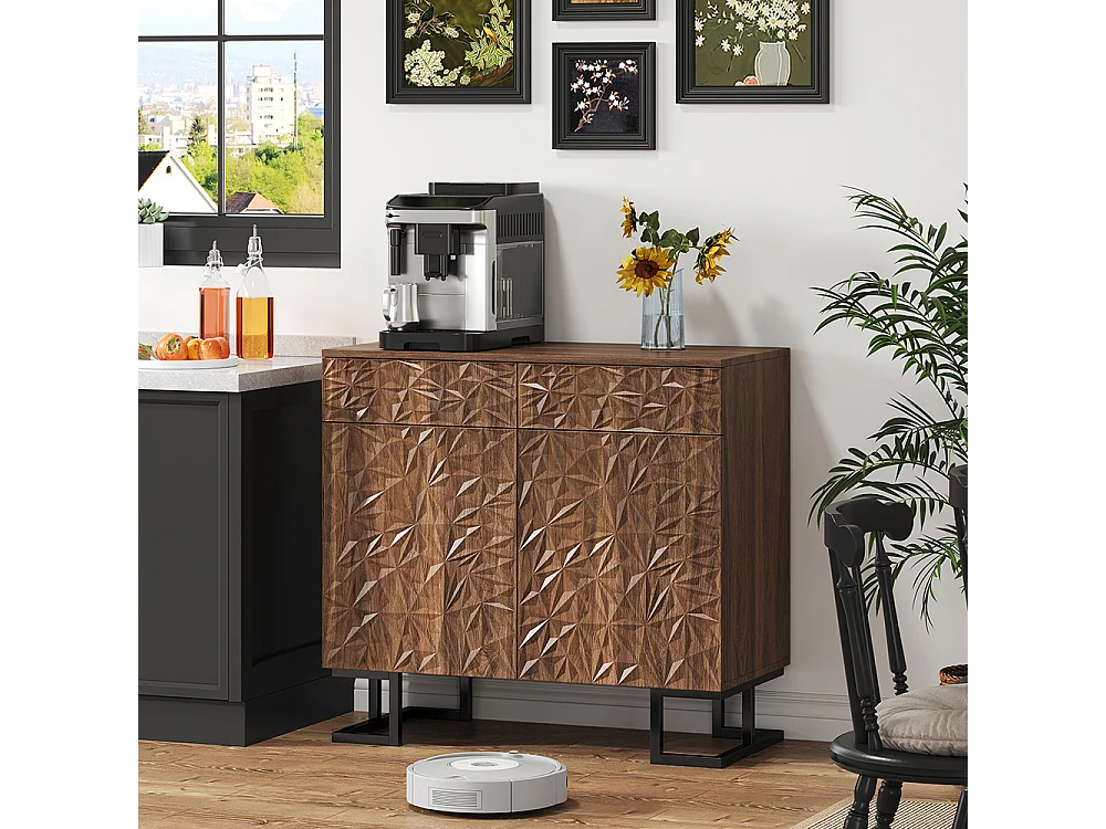 Buffet commode noyer foncé relief feuilles pieds métalliques 2 tiroirs 2 portes sans poignées salon salle à manger