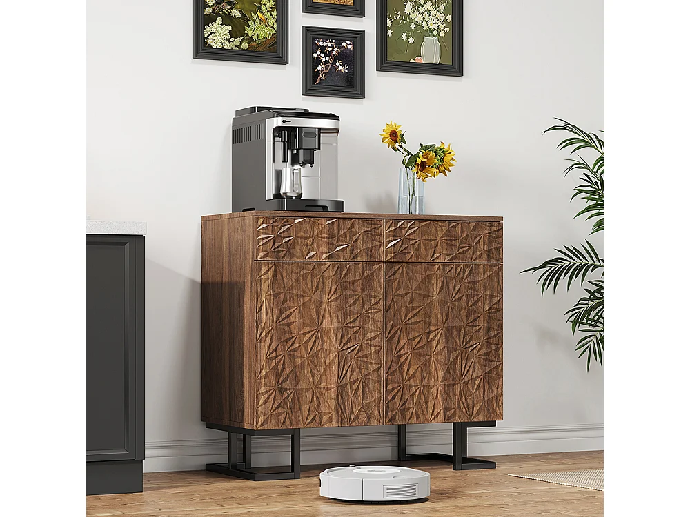 Buffet commode noyer foncé relief feuilles pieds métalliques 2 tiroirs 2 portes sans poignées salon salle à manger