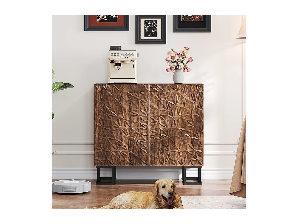 Buffet commode aspect noyer foncé relief feuilles portes pression pieds métalliques salon couloir moderne