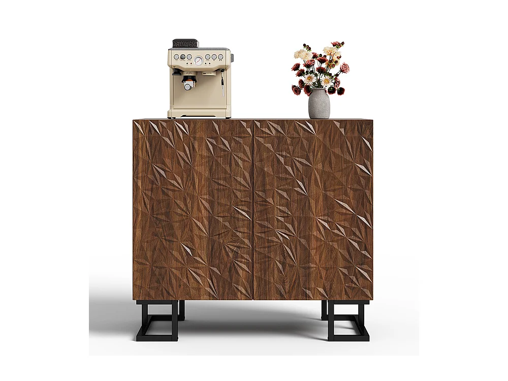 Buffet commode aspect noyer foncé relief feuilles portes pression pieds métalliques salon couloir moderne