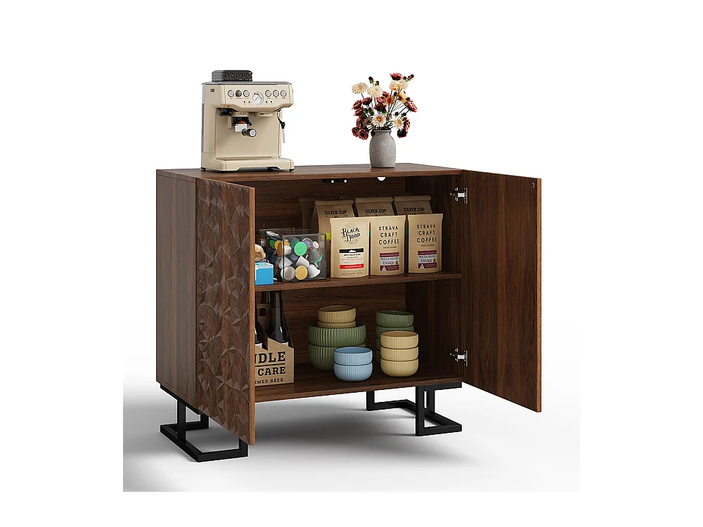 Buffet commode aspect noyer foncé relief feuilles portes pression pieds métalliques salon couloir moderne