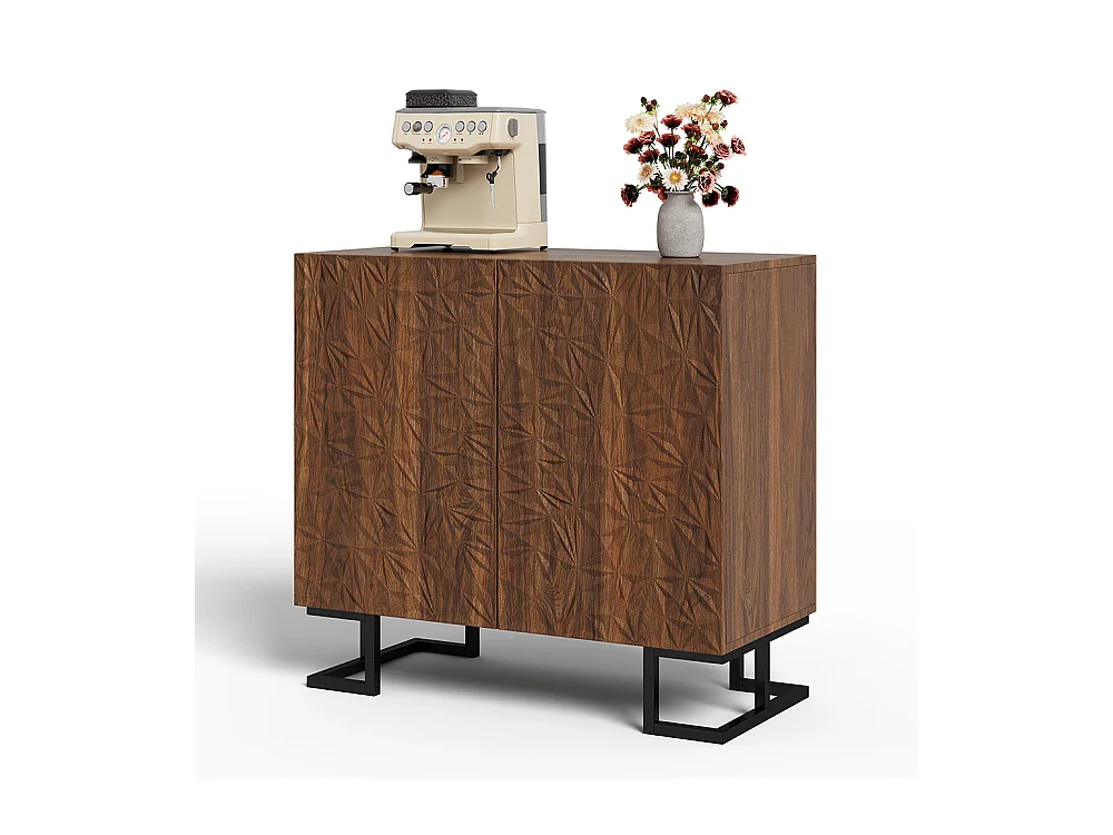 Buffet commode aspect noyer foncé relief feuilles portes pression pieds métalliques salon couloir moderne