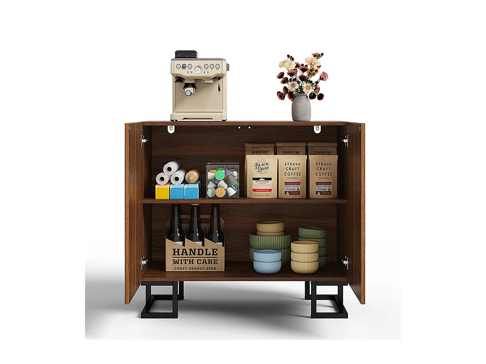 Buffet commode aspect noyer foncé relief feuilles portes pression pieds métalliques salon couloir moderne