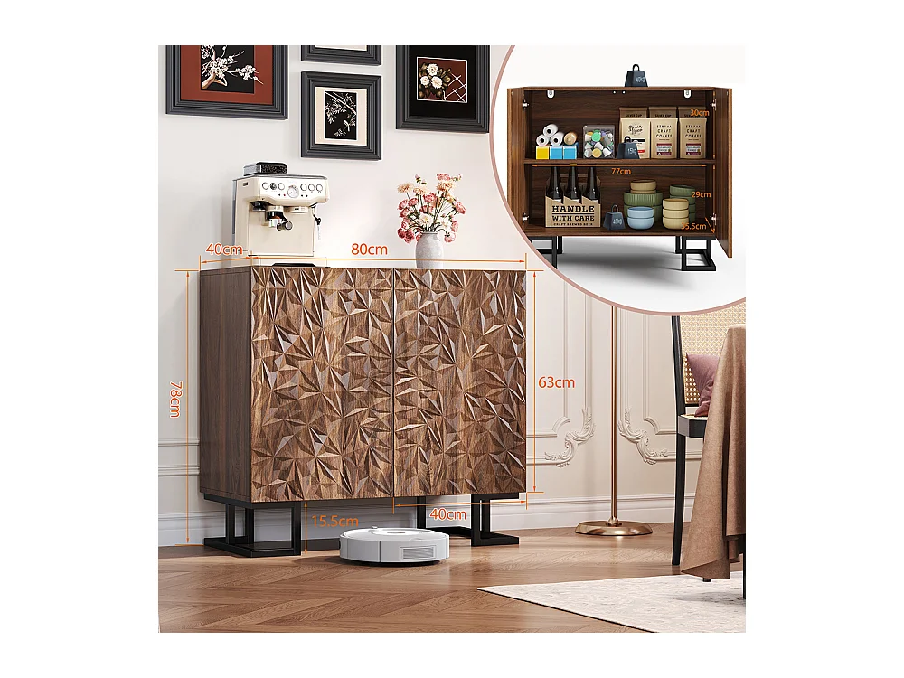 Buffet commode aspect noyer foncé relief feuilles portes pression pieds métalliques salon couloir moderne