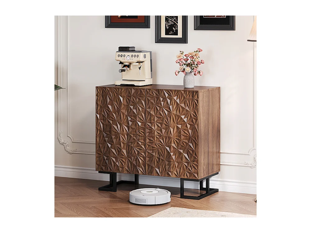 Buffet commode aspect noyer foncé relief feuilles portes pression pieds métalliques salon couloir moderne