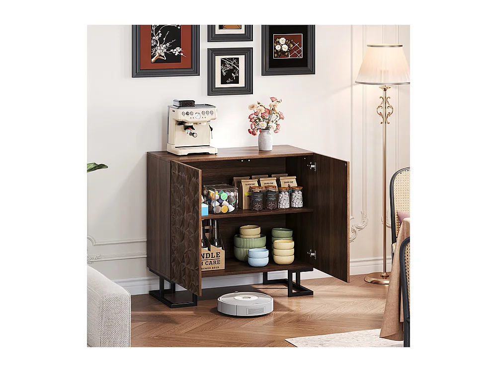 Buffet commode aspect noyer foncé relief feuilles portes pression pieds métalliques salon couloir moderne