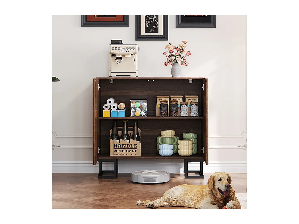 Buffet commode aspect noyer foncé relief feuilles portes pression pieds métalliques salon couloir moderne