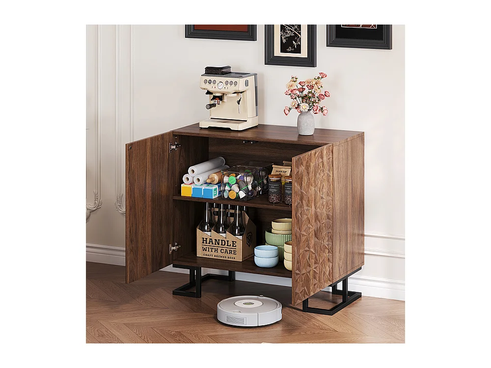 Buffet commode aspect noyer foncé relief feuilles portes pression pieds métalliques salon couloir moderne