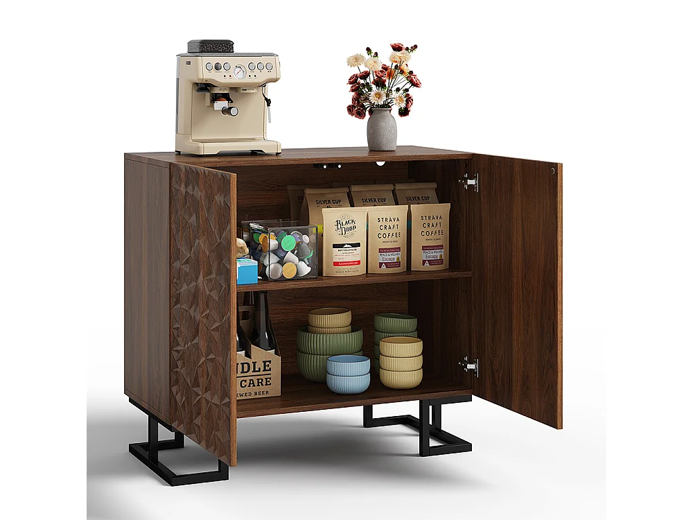 Buffet commode aspect noyer foncé relief feuilles portes pression pieds métalliques salon couloir moderne