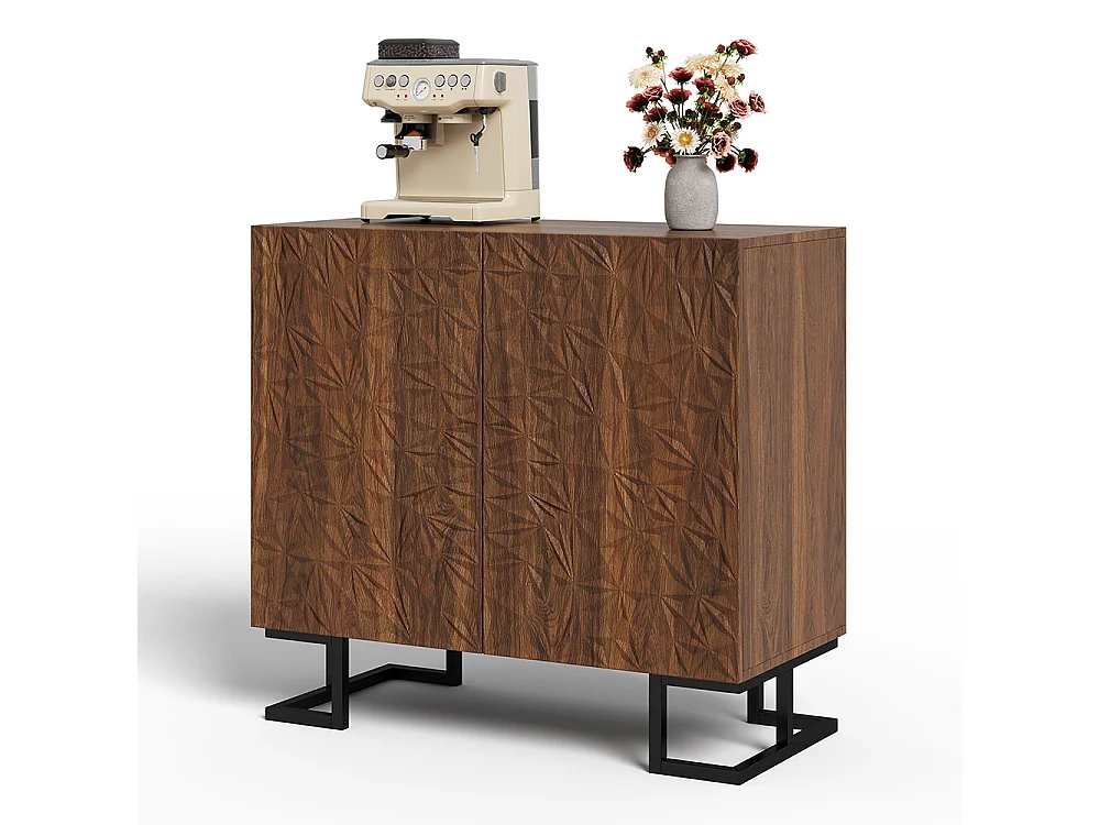 Buffet commode aspect noyer foncé relief feuilles portes pression pieds métalliques salon couloir moderne