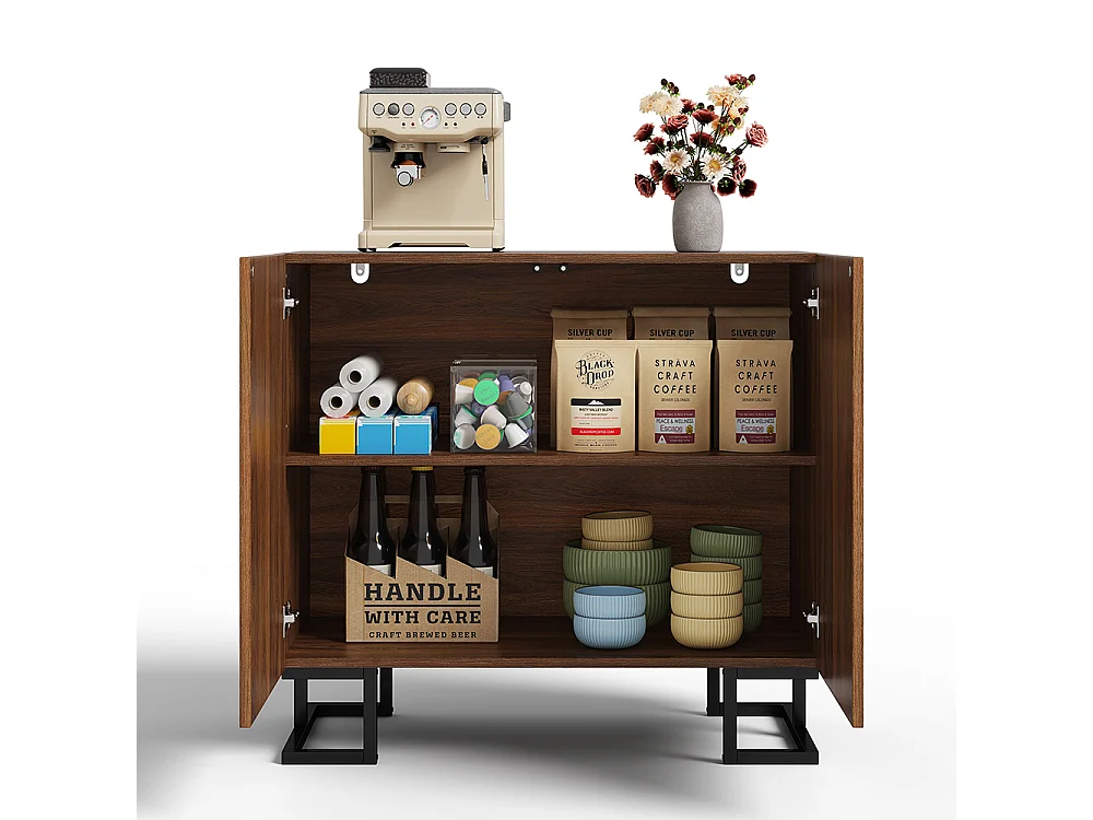 Buffet commode aspect noyer foncé relief feuilles portes pression pieds métalliques salon couloir moderne